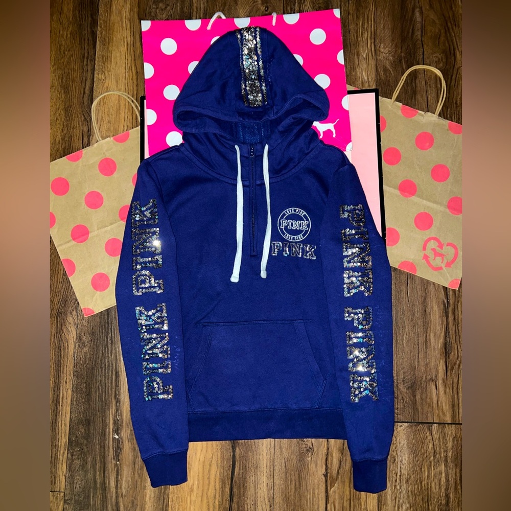 VS PINK SIZE XS ROYAL BLUE MEGA BLING QUARTER ZIP HOODIE.